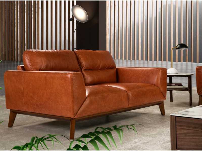 Leather upholstered sofa with walnut base - CLARA