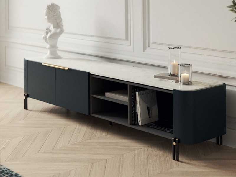 Designer TV cabinet with marble top and steel bases - GUADUA