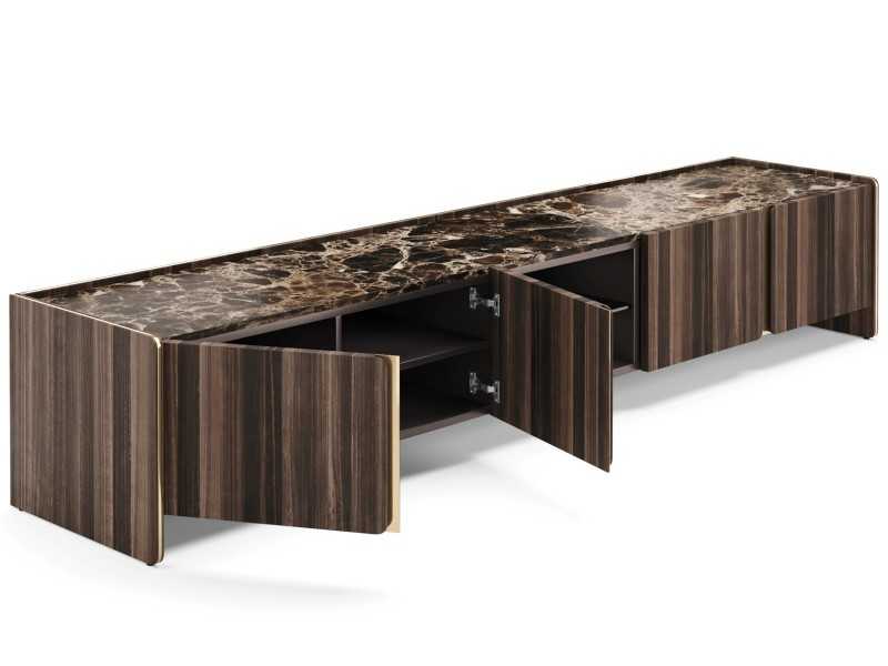Mueble TV de diseño con tapa de mármol y detalles en acero - YIBUTI