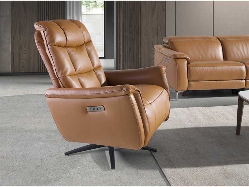 Swivel armchair with electric relaxation system upholstered in leather - TARENTO