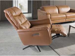 Swivel armchair with electric relaxation system upholstered in genuine leather - TARENTO 2