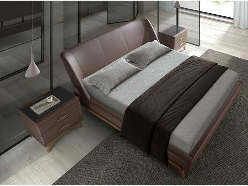 Complete designer bed upholstered in synthetic leather with walnut base - FLOWN