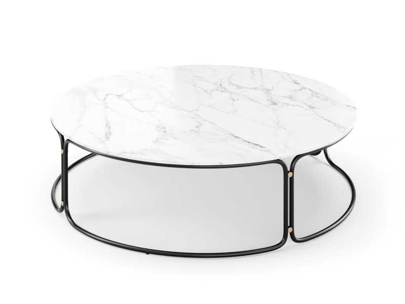 Round coffee table in gold steel and Carrara marble top - GUADUA