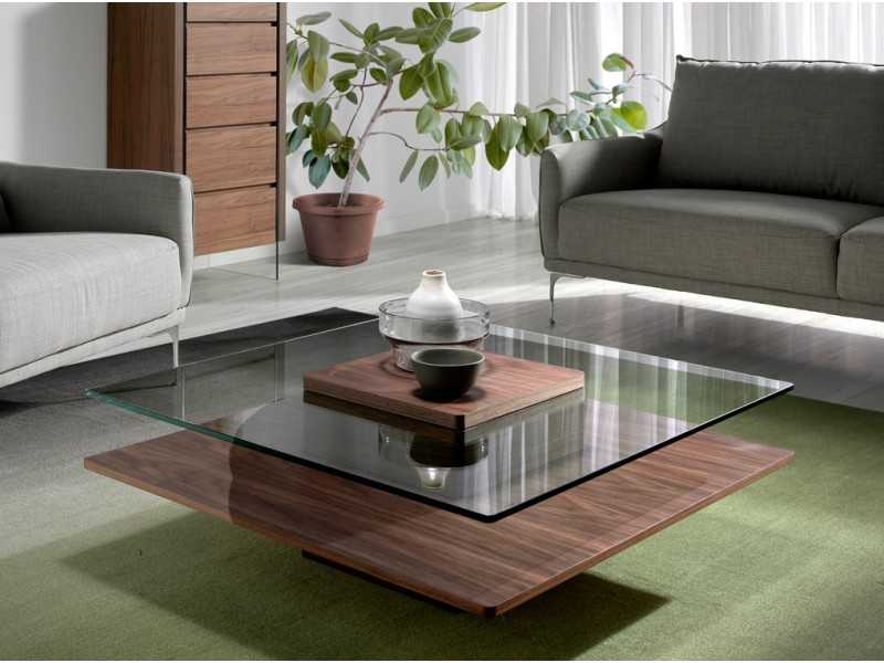Table basse en noyer avec plateau en verre trempé - HOOK
