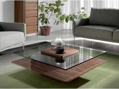 Table basse en noyer avec plateau en verre trempé - HOOK