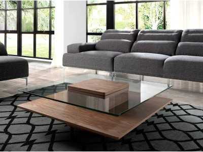 Table basse en noyer avec plateau en verre trempé - HOOK