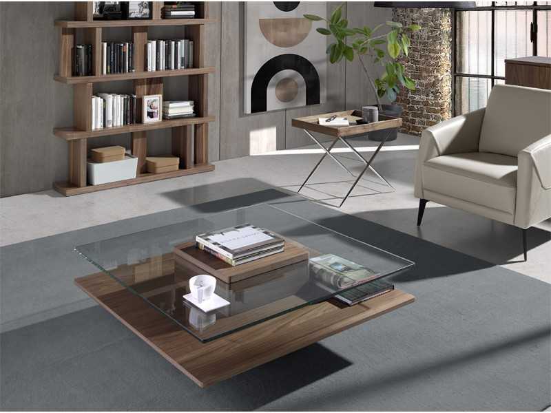 Table basse en noyer avec plateau en verre trempé - HOOK