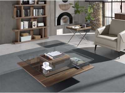 Table basse en noyer avec plateau en verre trempé - HOOK