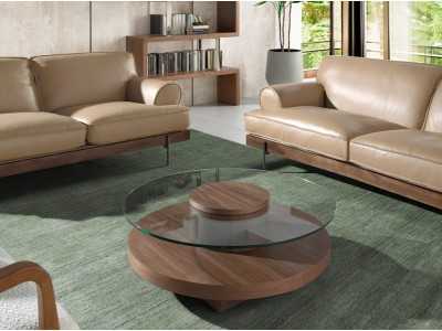 Round walnut coffee table with tempered glass top - RUNDA