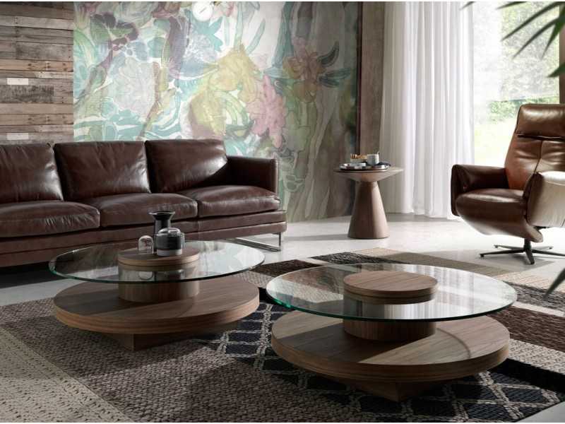Table basse ronde en noyer avec plateau en verre trempé - RUNDA