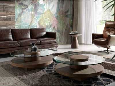 Round walnut coffee table with tempered glass top - RUNDA