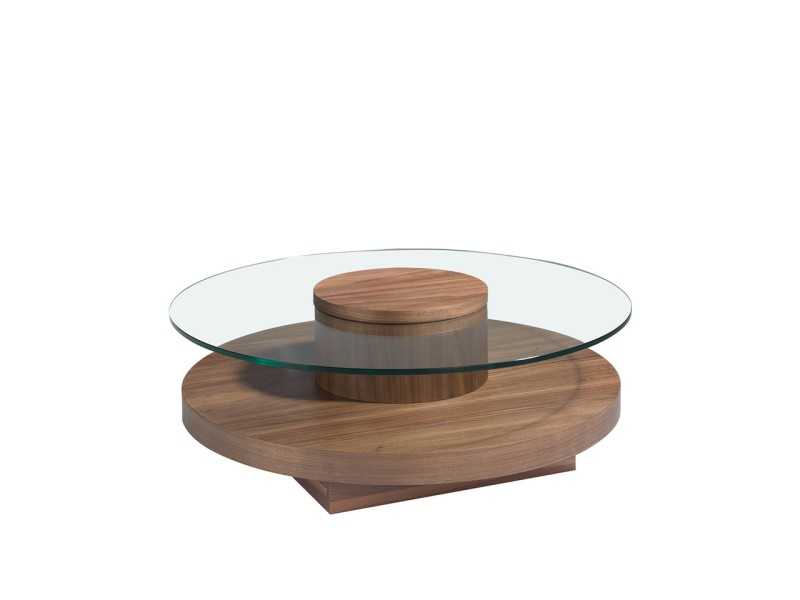 Table basse ronde en noyer avec plateau en verre trempé - RUNDA