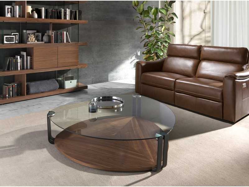 Triangular coffee table with tempered glass, walnut, and stainless steel - SIRMIONE