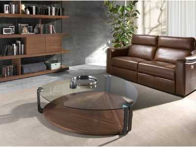 Table basse triangulaire en verre trempé, noyer et acier inoxydable - SIRMIONE