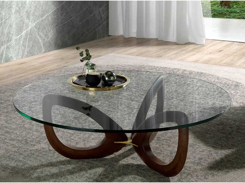 Round walnut coffee table with glass top - AILES