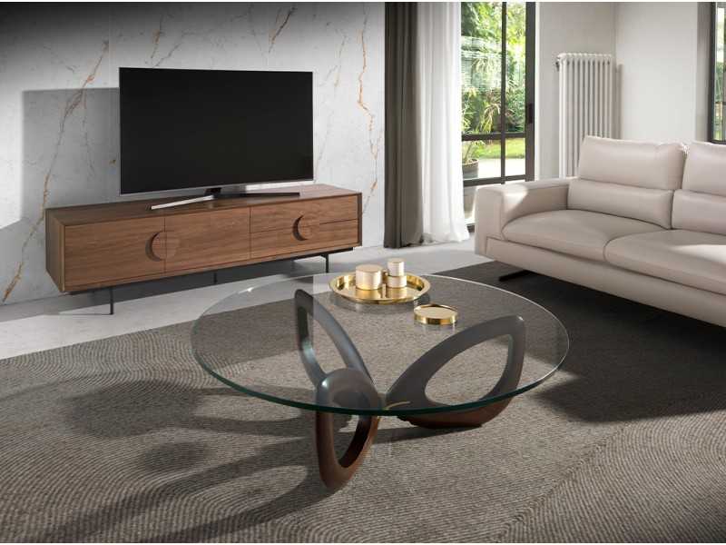 Mesa de centro redonda de madera maciza con tapa de cristal templado - AILES