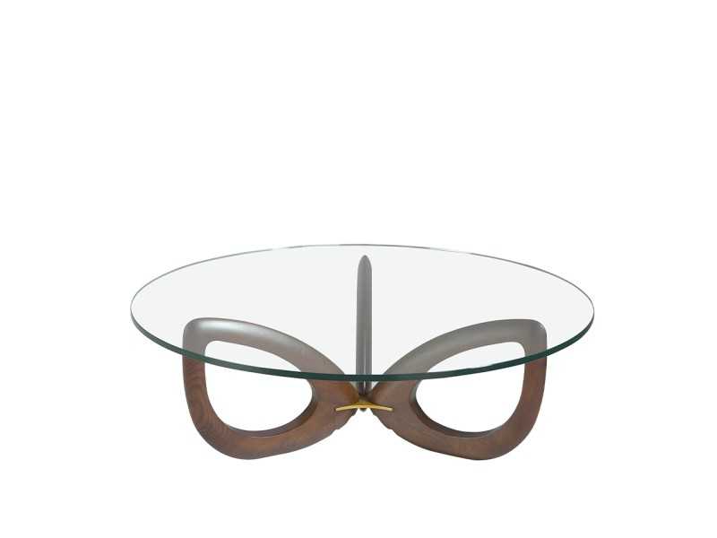 Mesa de centro redonda de madera maciza con tapa de cristal templado - AILES