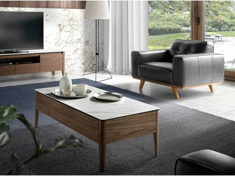 Walnut coffee table with porcelain marble top - LILIANNE