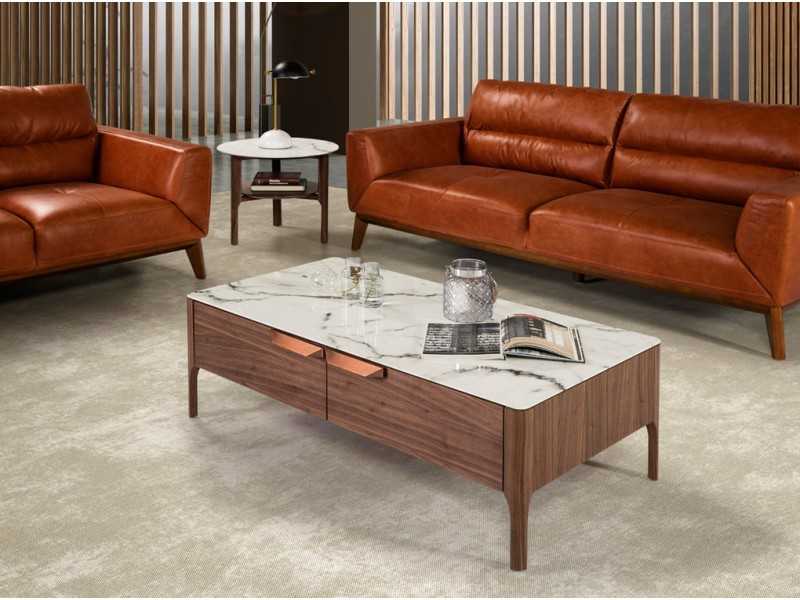 Table basse en noyer avec plateau en verre imitacion marbre porcelaine - DINA
