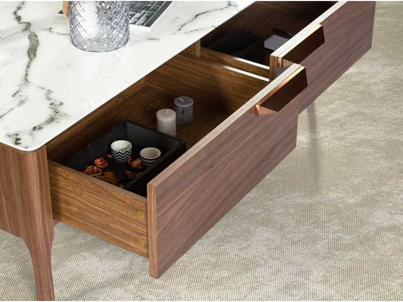 Table basse en noyer avec plateau en verre imitacion marbre porcelaine - DINA