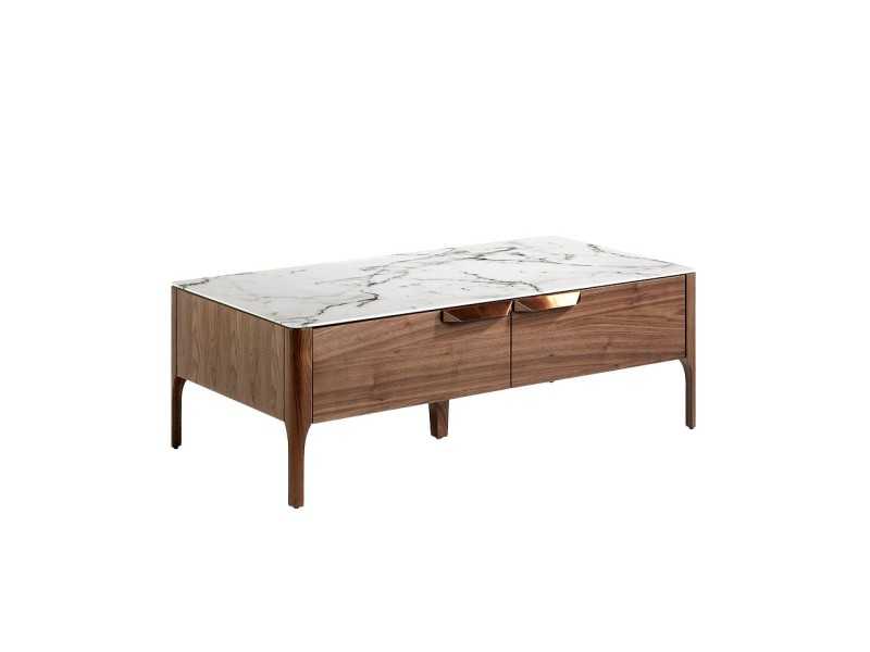 Table basse en noyer avec plateau en verre imitacion marbre porcelaine - DINA