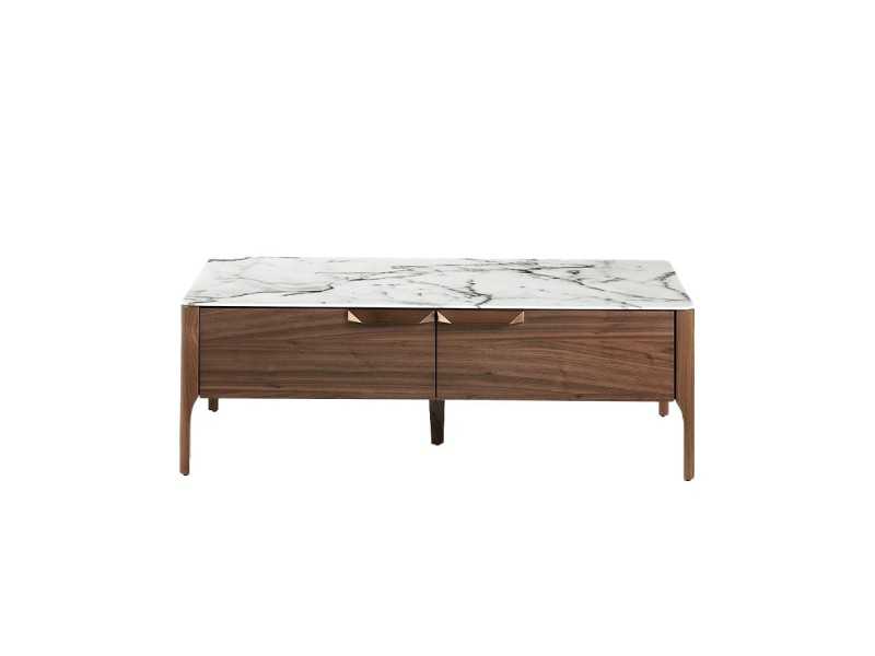 Table basse en noyer avec plateau en verre imitacion marbre porcelaine - DINA