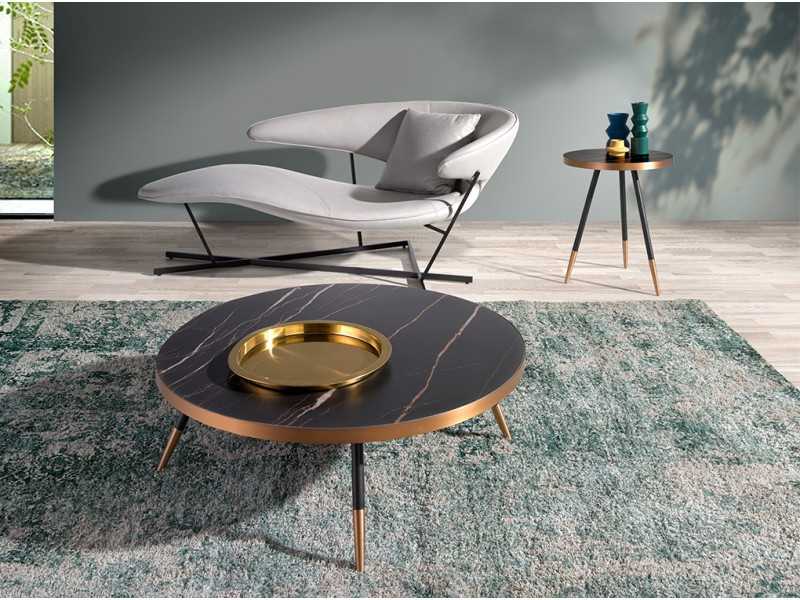 Mesa de centro redonda con tapa en mármol porcelánico y patas en acero inox - RIGA
