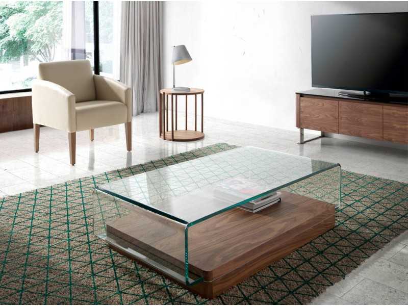 Curved glass coffee table with walnut base - BICCHIERE