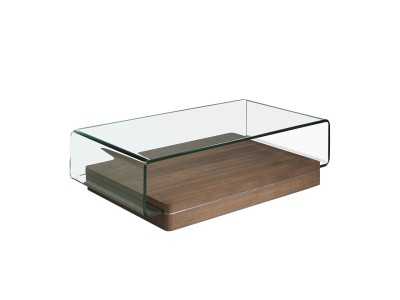 Mesa de centro de cristal curvado y templado con base en nogal - BICCHIERE Mesa de centro de cristal curvado y templado con base en nogal - BICCHIERE