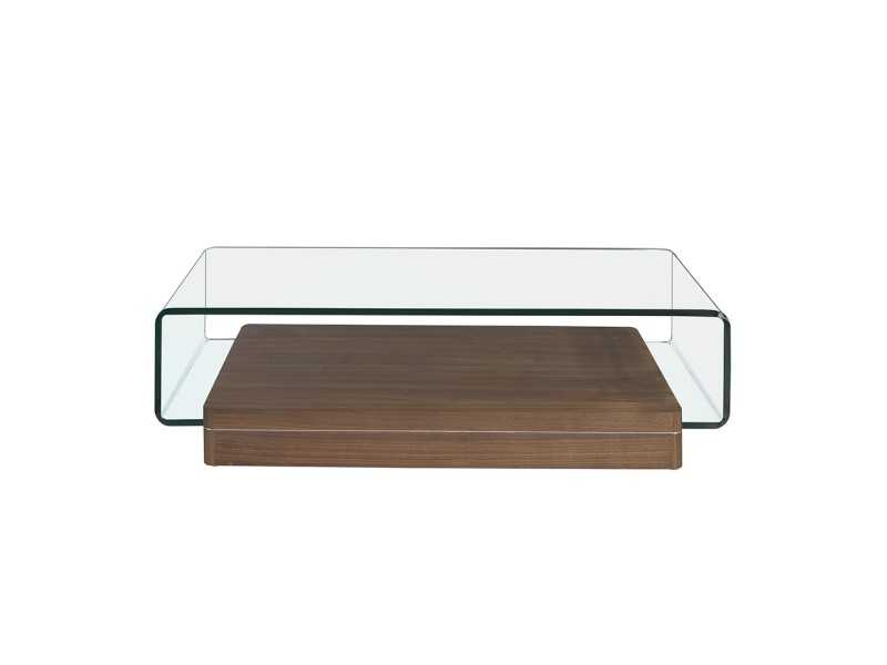 Mesa de centro de cristal curvado y templado con base en nogal - BICCHIERE