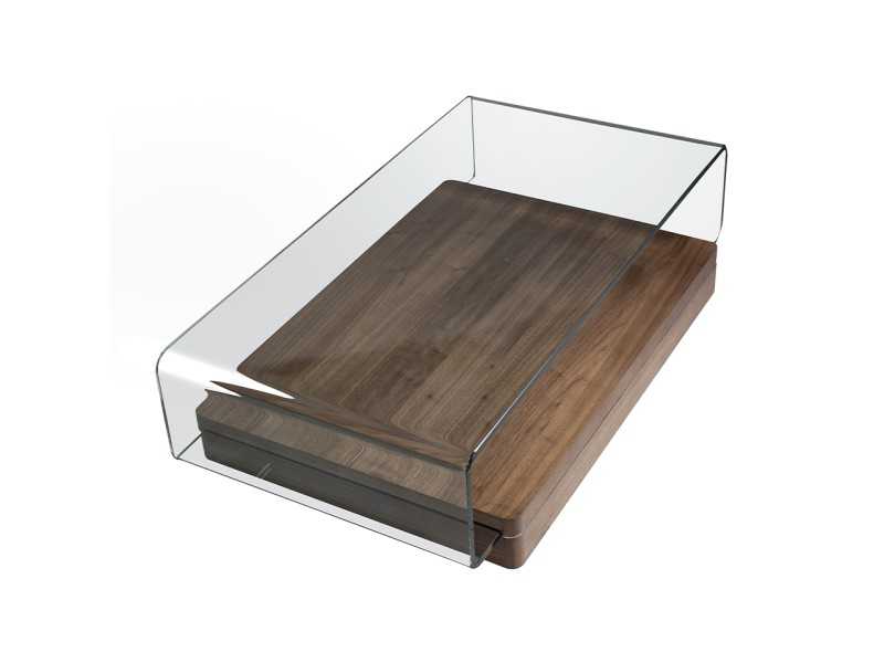 Mesa de centro de cristal curvado y templado con base en nogal - BICCHIERE
