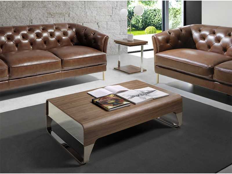 Table basse en noyer avec tiroirs et piètement en acier inoxydable - LOUNA