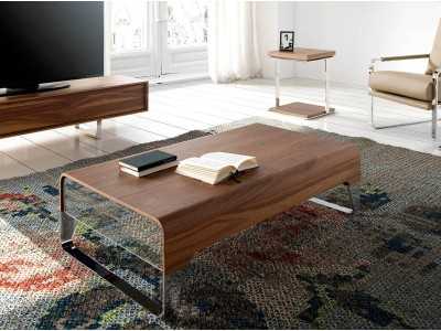 Table basse en noyer avec tiroirs et piètement en acier inoxydable - LOUNA