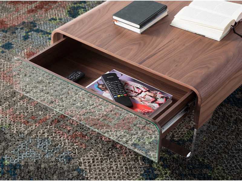 Table basse en noyer avec tiroirs et piètement en acier inoxydable - LOUNA