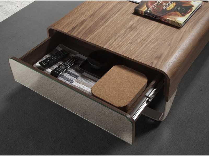 Table basse en noyer avec tiroirs et piètement en acier inoxydable - LOUNA