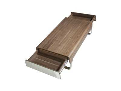 Table basse en noyer avec tiroirs et piètement en acier inoxydable - LOUNA