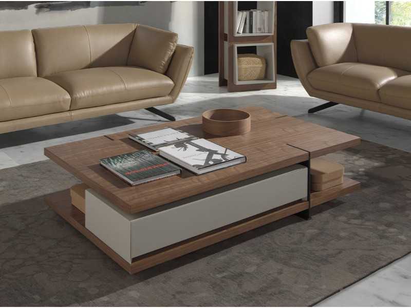 Walnut coffee table with lacquered drawer and steel bases - BEATRIX