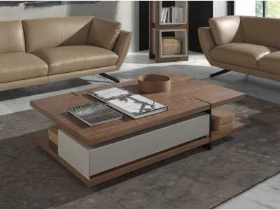Table basse en noyer avec tiroir laqué et piètements en acier inoxydable - BEATRIX