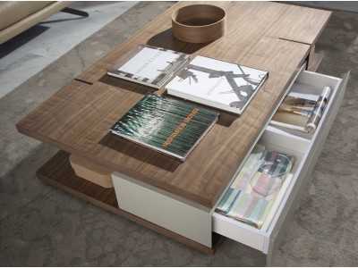 Table basse en noyer avec tiroir laqué et piètements en acier inoxydable - BEATRIX