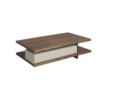 Table basse en noyer avec tiroir laqué et piètements en acier inoxydable - BEATRIX