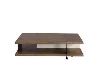 Table basse en noyer avec tiroir laqué et piètements en acier inoxydable - BEATRIX