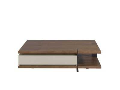 Table basse en noyer avec tiroir laqué et piètements en acier inoxydable - BEATRIX