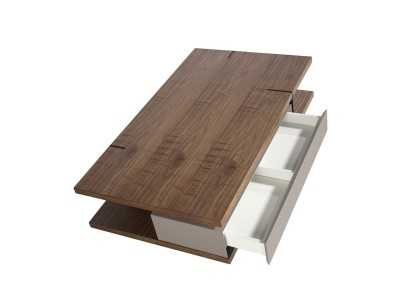 Table basse en noyer avec tiroir laqué et piètements en acier inoxydable - BEATRIX