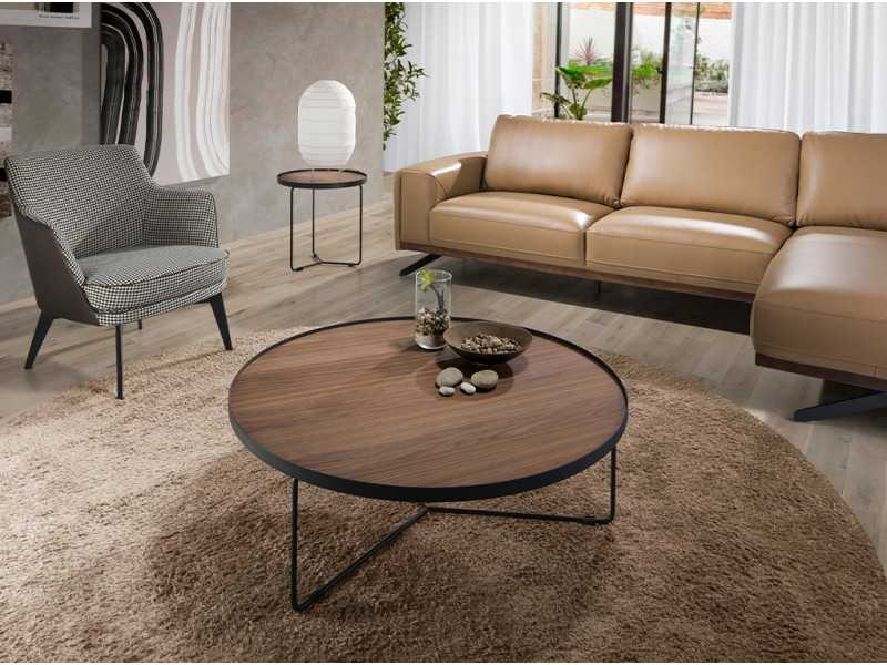 Round coffee table in stainless steel and walnut top - DAPHNE
