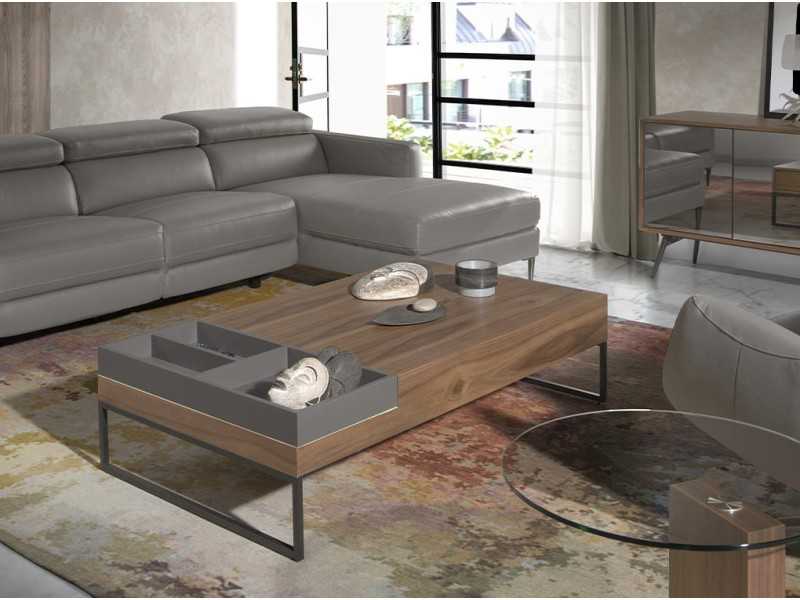 Walnut coffee table with lacquered tray and side drawer - ASTIN