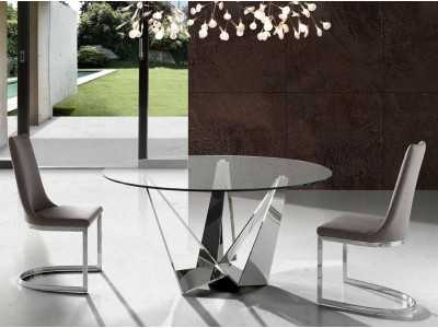 Mesa de comedor redonda con base en acero inoxidable cromado - TAVIRA