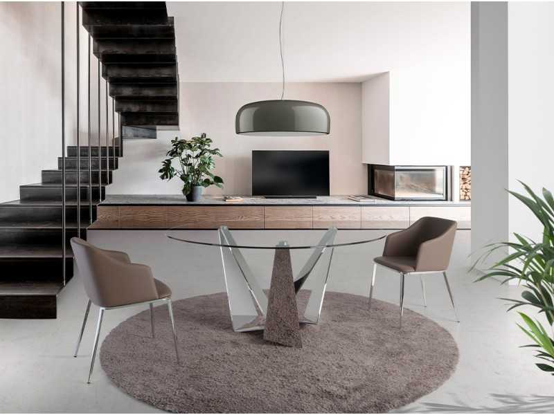 Mesa de comedor redonda con base en acero inoxidable cromado - TAVIRA