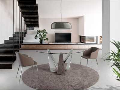 Mesa de comedor redonda con base en acero inoxidable cromado - TAVIRA