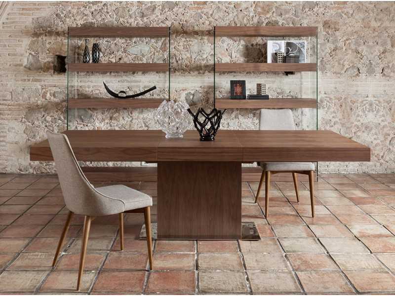 Mesa de comedor extensible de nogal con base en acero inoxidable - LEEDS