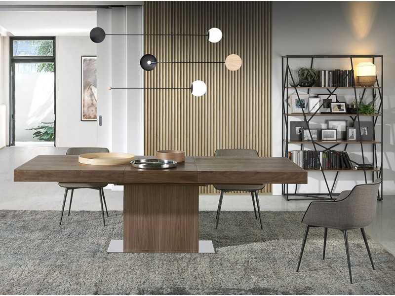 Mesa de comedor extensible de nogal con base en acero inoxidable - LEEDS